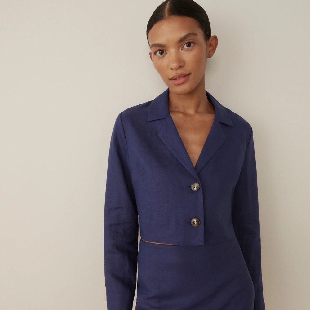 Reformation Raina Navy Linen Cropped Jacket Minimalist Preppy Coquette Capsule
